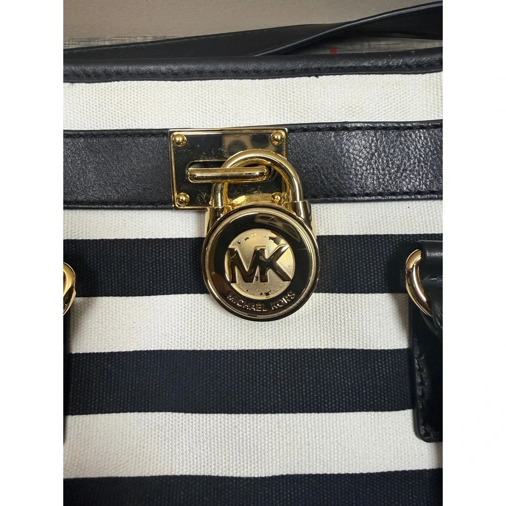 Michael Kors Hamilton Tote Bag Black White Striped Canvas Leather Gold Hardware